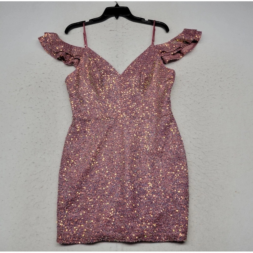 (A3) Midnight Doll Mauve Sequin Off Shoulder Mini Dress WWY17935 Pink Size 11